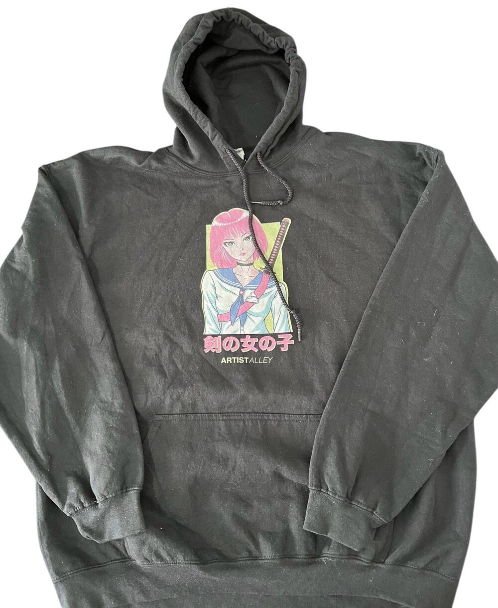 Anime Art Hoodie Gildan Heavy Blend Artist Alley Black Unisex Size XL Excellent